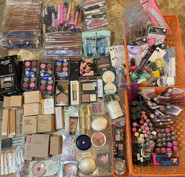 Assorted cosmetic pallets featuring makeup, skincare, and beauty accessories